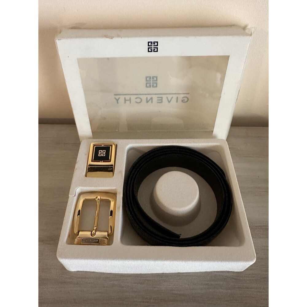 Vintage Givenchy Black Leather Belt Set 2 Gold Buckles